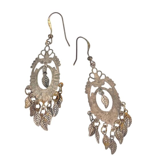 Vintage Boho Style Silver-Tone Leaf Dangle Earrings - Picture 1 of 5